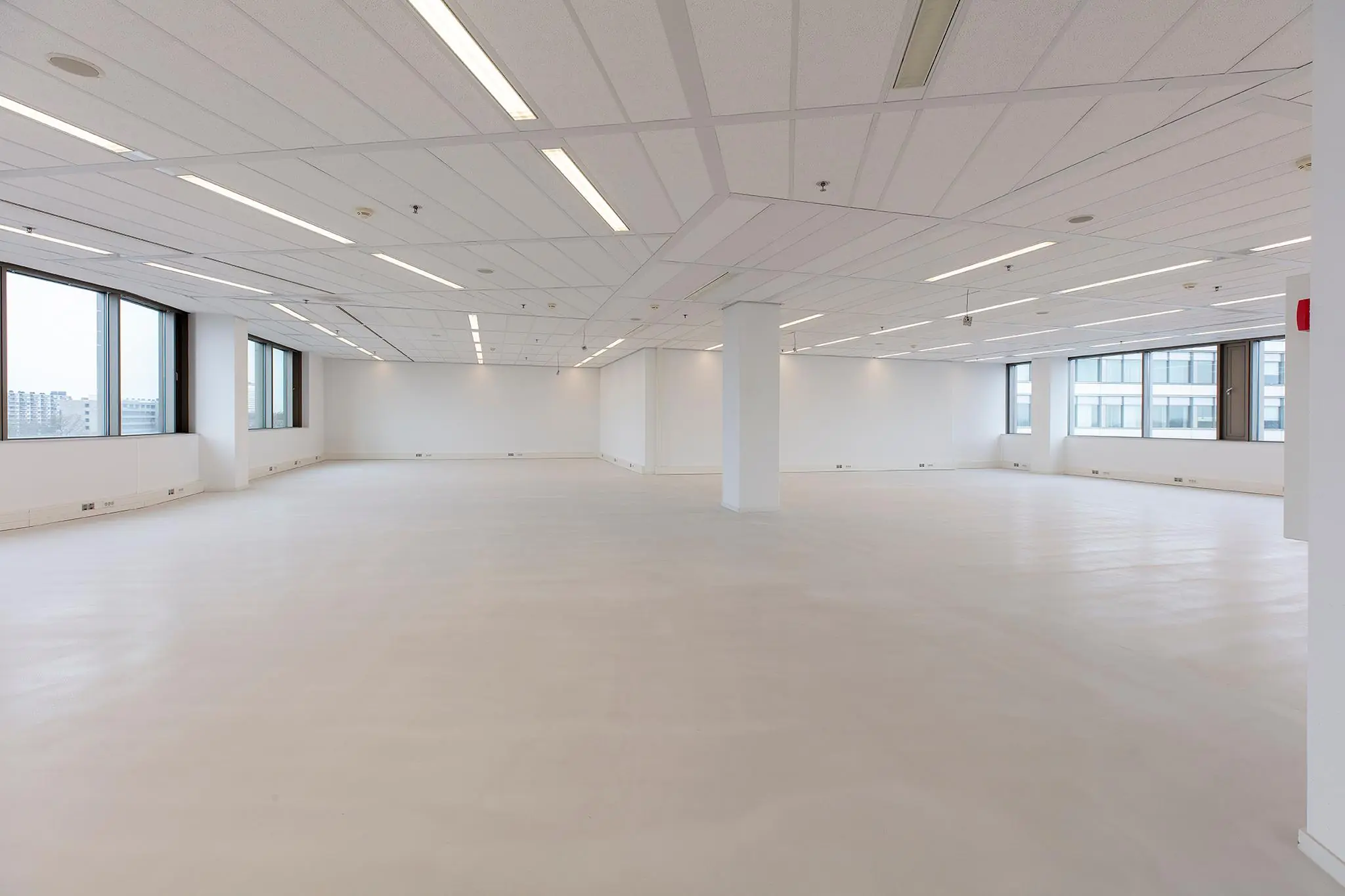 Leeg, modern kantoorpand aan de Vliegend Hertlaan met grote ramen en systeemplafond.